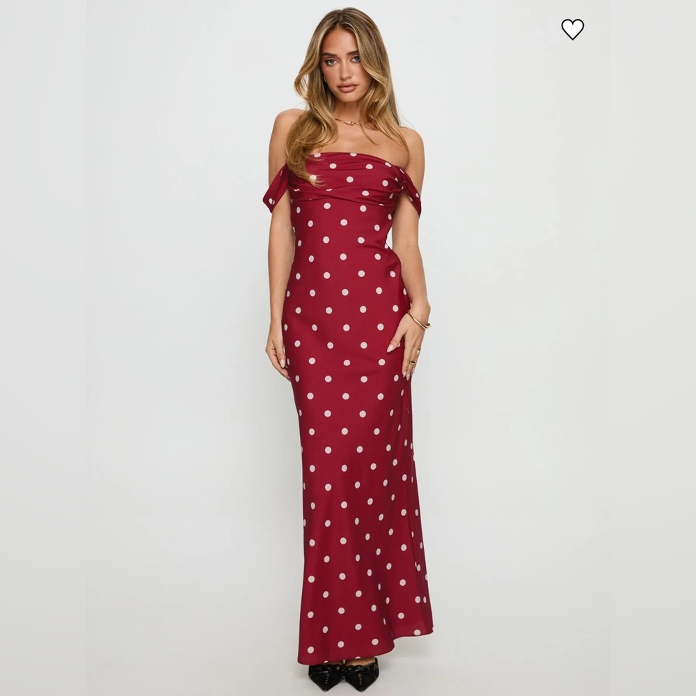 Princess Polly End Credits Off Shoulder Pleat Maxi Dress Red / Polka Dot